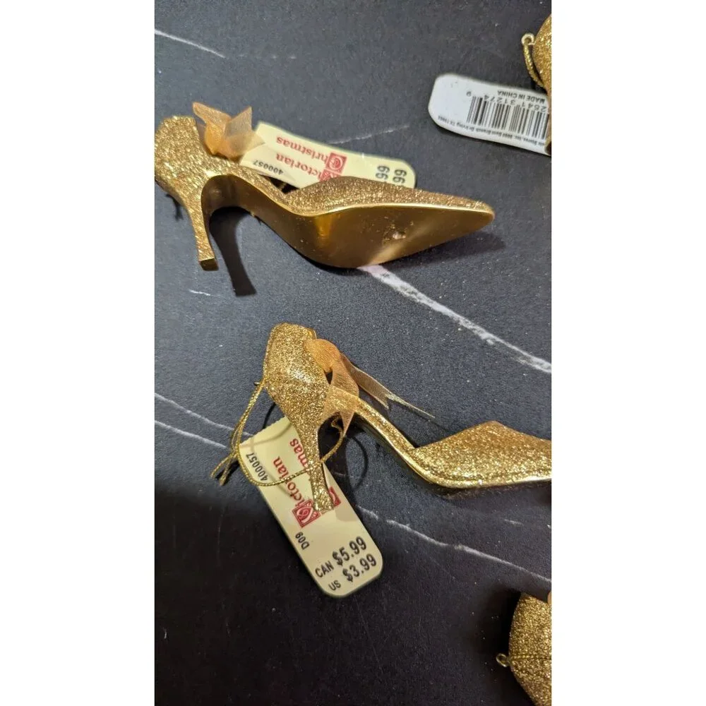 Christmas Gold‎ tone Glitter Pump shoe Ornaments - Pack Of 6 High Heel Décor